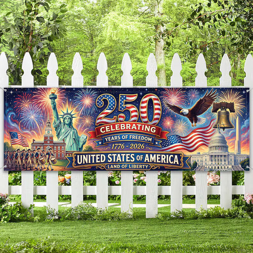 USA 250th Anniversary Banner: Semiquincentennial 1776-2026 Outdoor Fence Decor
