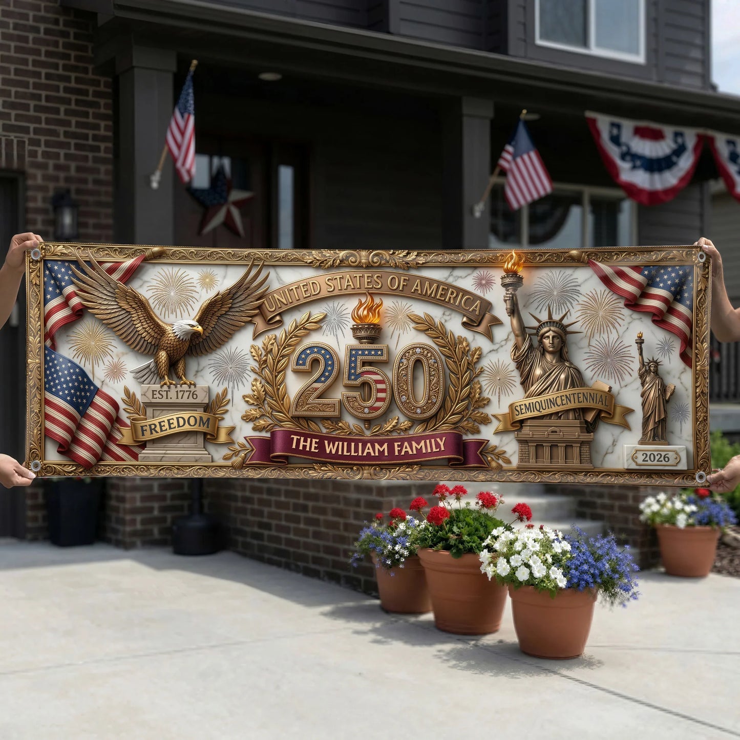 Personalized Banner - USA Semiquincentennial Decor Faux Pattern