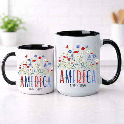 America 250 Years Floral Freedom Mug – Patriotic Wildflower Design (1776–2026)