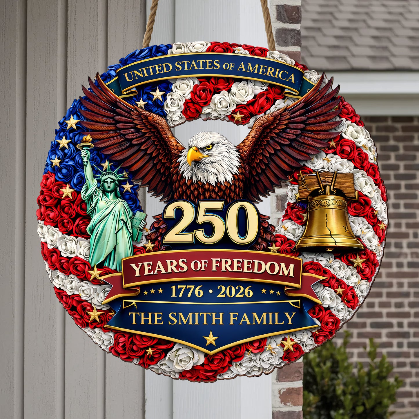 Personalized 250 Years of Freedom - Liberty Bell & Eagle Wreat Wood Sign