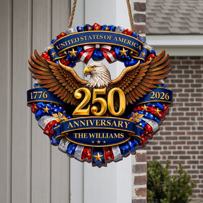 Personalized 250th Anniversary of America - Eagle & Stars Wreath Wood Sign
