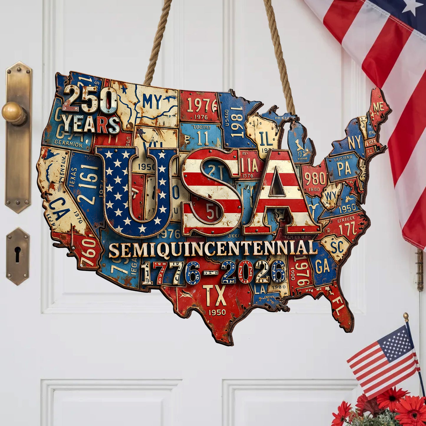 USA Semiquincentennial - State License Plate Wreath Wood Sign