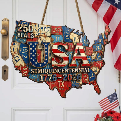 USA Semiquincentennial - State License Plate Wreath Wood Sign