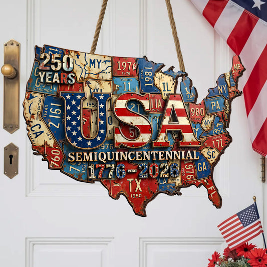 USA Semiquincentennial - State License Plate Wreath Wood Sign