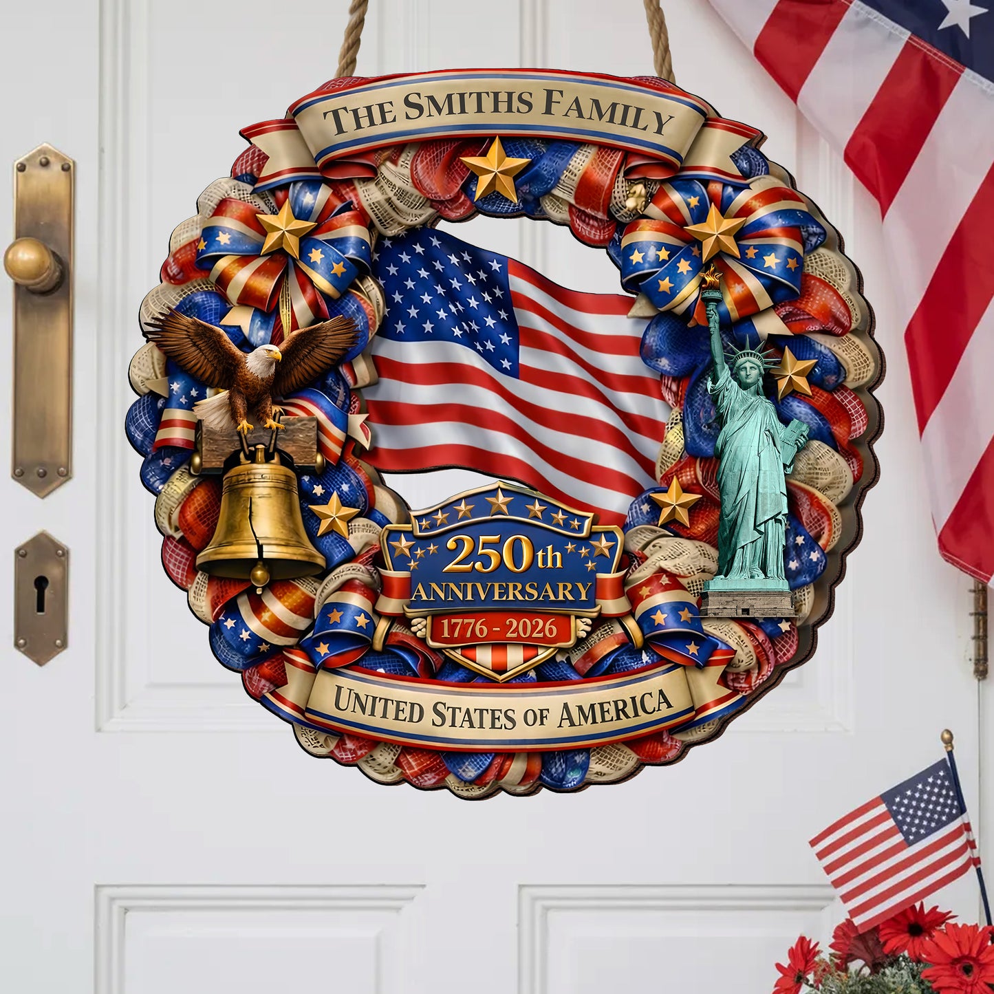 Personalized Patriotic 250th Anniversary - Stars and Stripes Wreath" Wood Sign