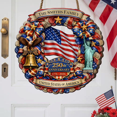 Personalized Patriotic 250th Anniversary - Stars and Stripes Wreath" Wood Sign