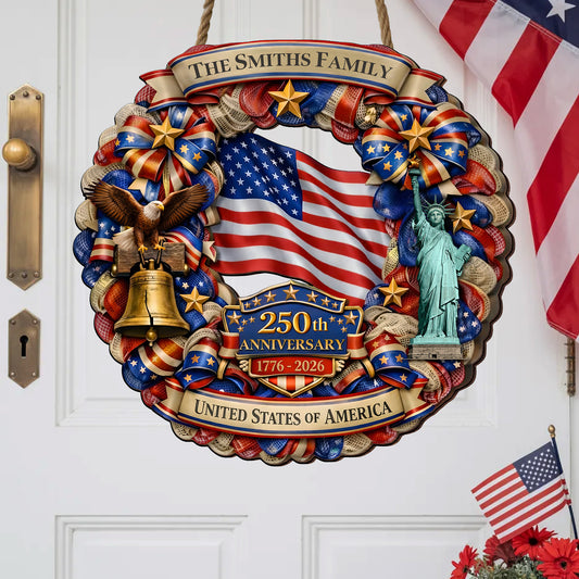 Personalized Patriotic 250th Anniversary - Stars and Stripes Wreath" Wood Sign