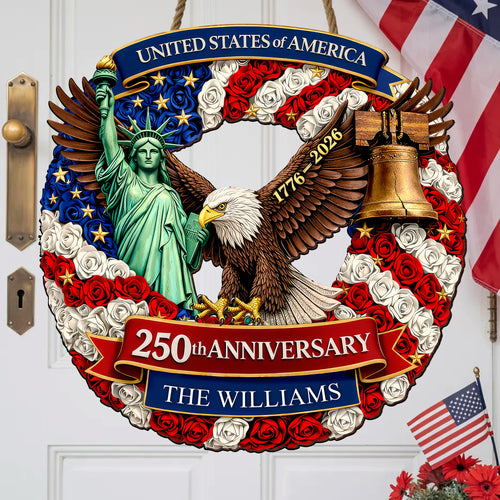 Personalized Freedom & Liberty - 250th Anniversary Floral Wreath Wood Sign