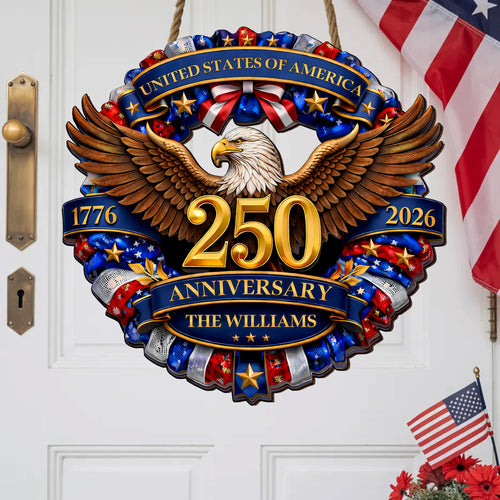 Personalized 250th Anniversary of America - Eagle & Stars Wreath Wood Sign