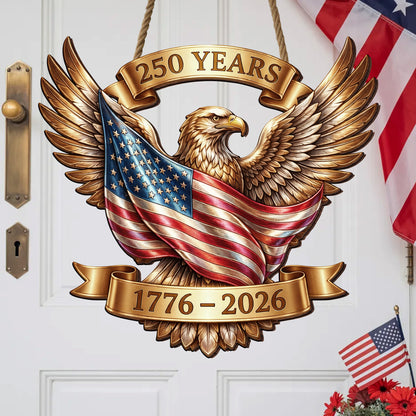Rustic Wooden USA 250th Sign: Patriotic Eagle Wall Decor 1776-2026, Semiquincentennial Door Hanger