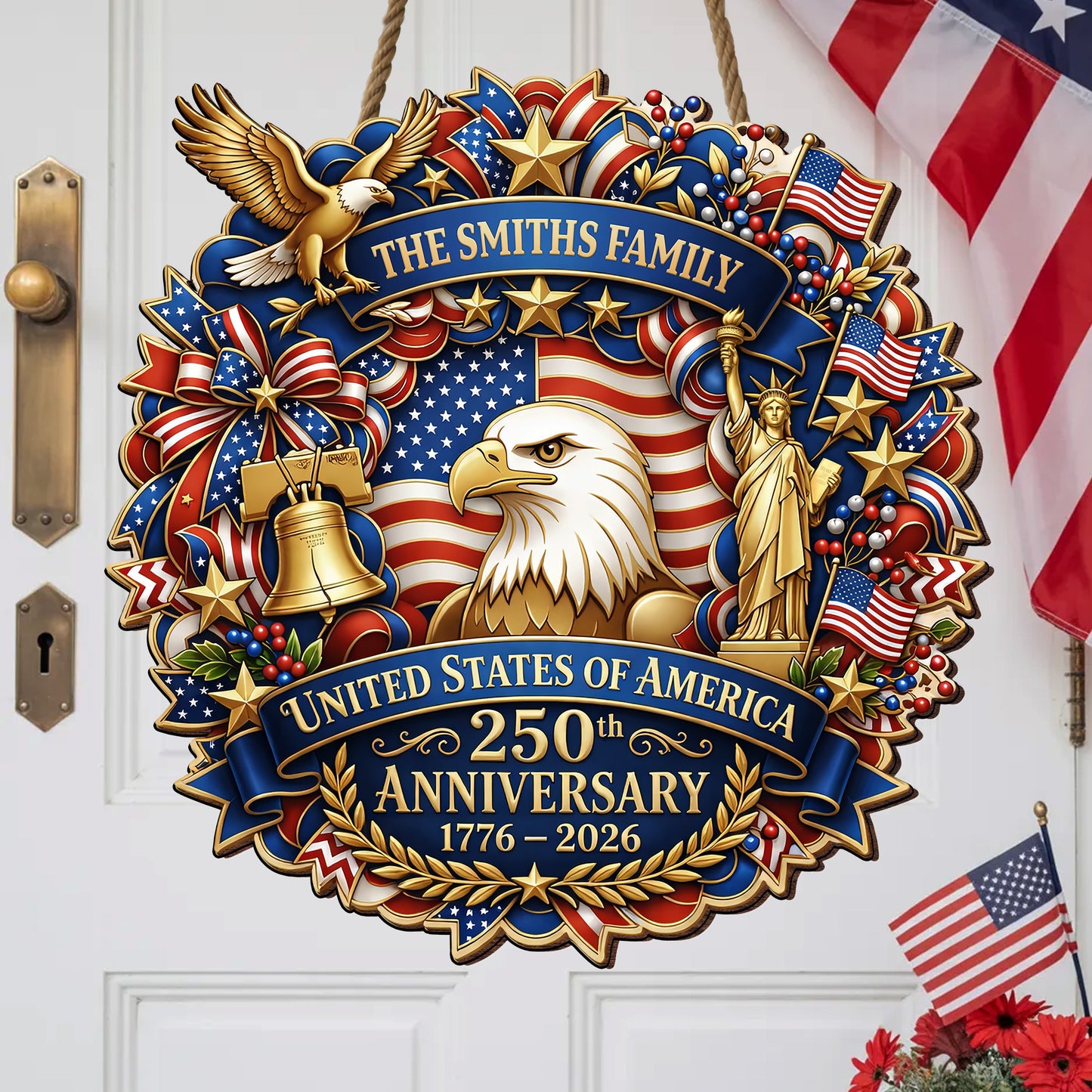 Personalized Wooden Door Sign: United States 250th Anniversary Patriotic Eagle Statue of Liberty Decor