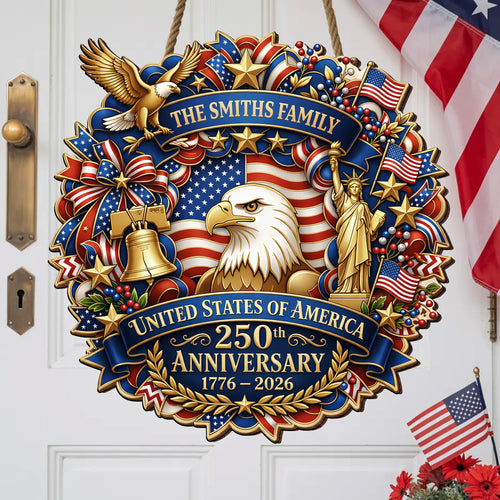 Personalized Wooden Door Sign: United States 250th Anniversary Patriotic Eagle Statue of Liberty Decor