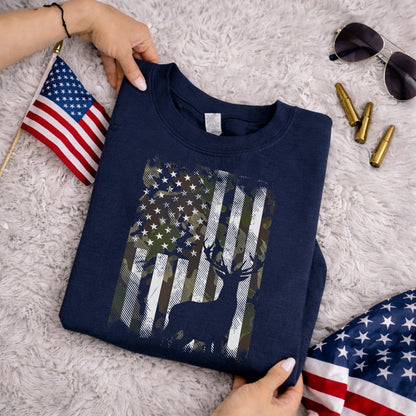 Camo American Flag Deer Hunting – Veteran Legacy – Unisex Tshirt Gildan / Tshirt Comfort / V-neck/ Hoodie / Sweatshirt