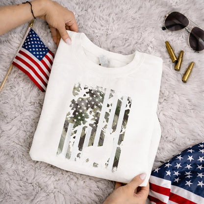 Camo American Flag Deer Hunting – Veteran Legacy – Unisex Tshirt Gildan / Tshirt Comfort / V-neck/ Hoodie / Sweatshirt