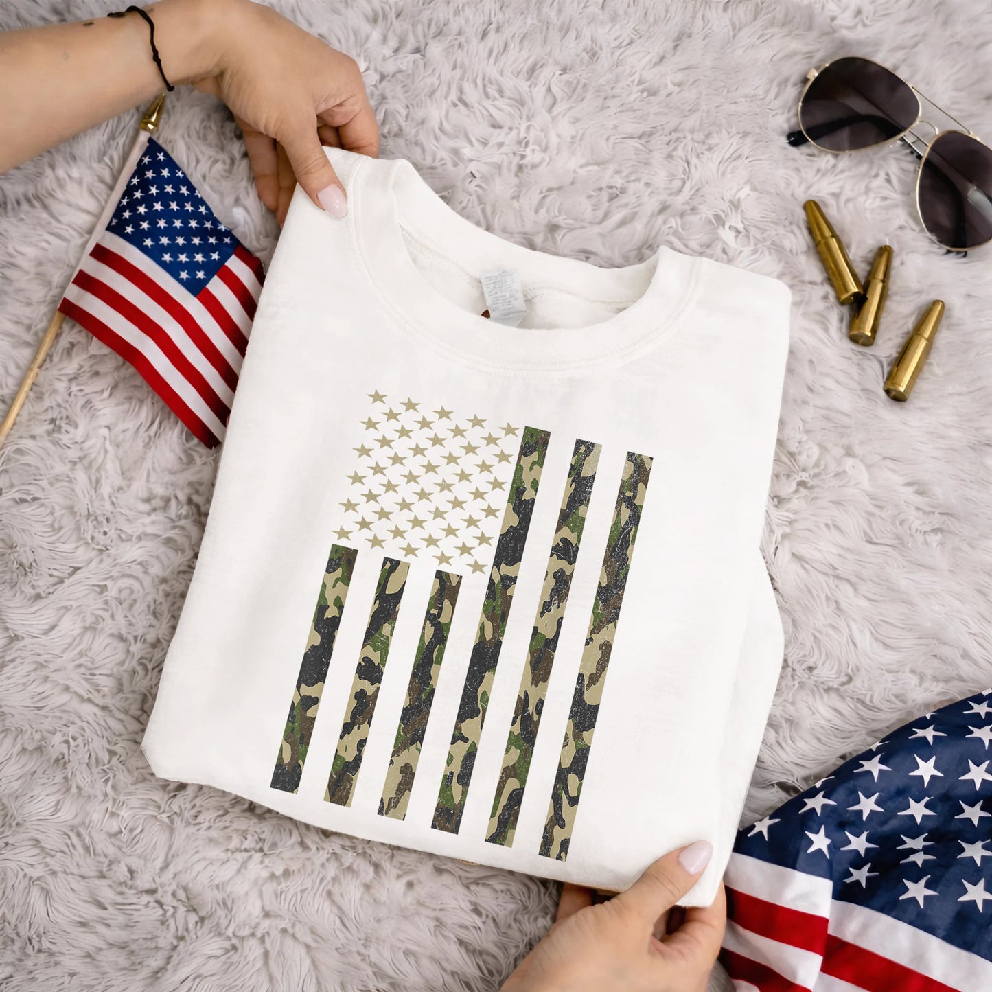 Vintage Woodland Camo Flag – Veteran Legacy – Unisex Tshirt Gildan / Tshirt Comfort / V-neck/ Hoodie / Sweatshirt