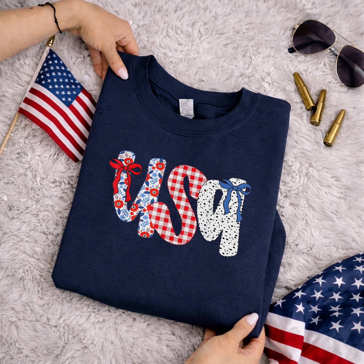 Coquette USA Floral Gingham Bows – USA Girls – Unisex Tshirt Gildan / Tshirt Comfort / V-neck/ Hoodie / Sweatshirt