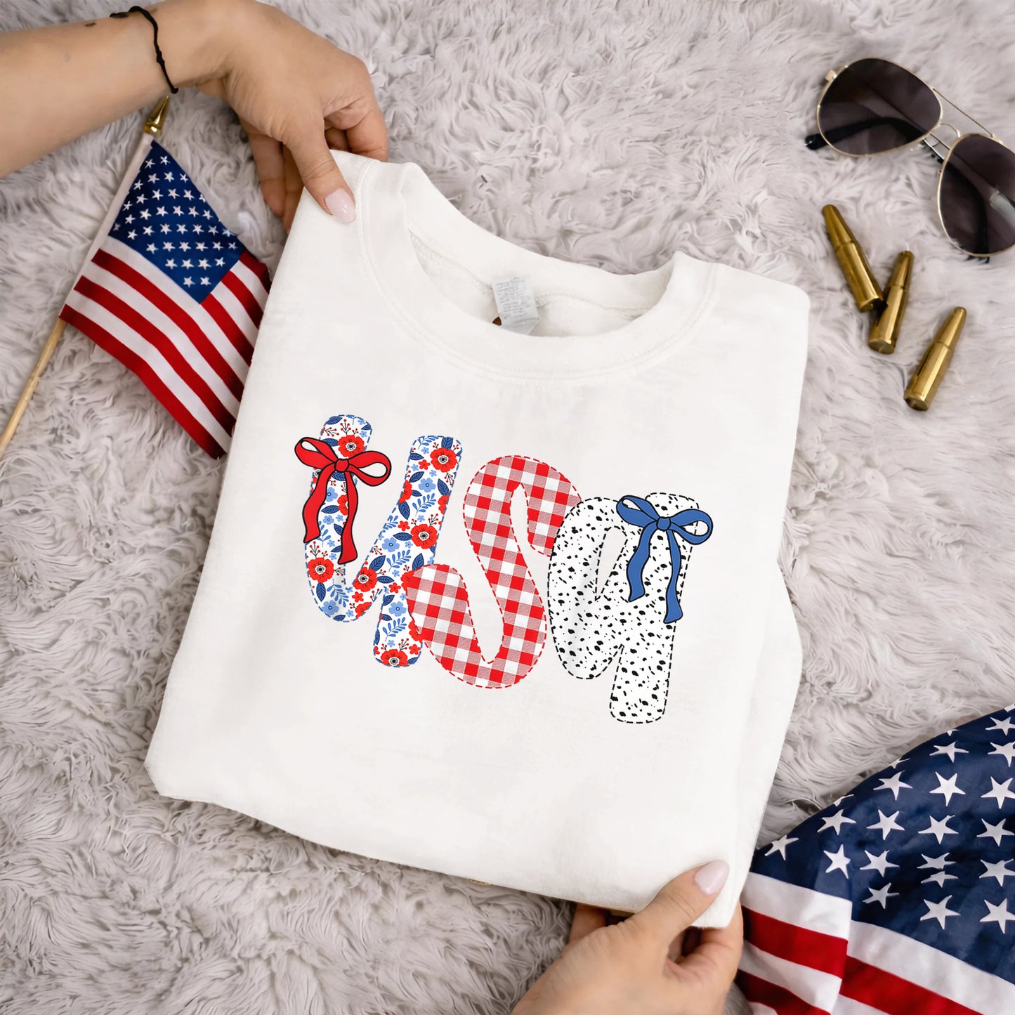 Coquette USA Floral Gingham Bows – USA Girls – Unisex Tshirt Gildan / Tshirt Comfort / V-neck/ Hoodie / Sweatshirt