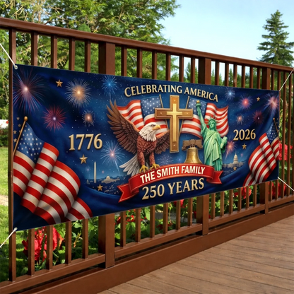 Custom Outdoor Banner – Personalized America 250th Anniversary  Proud Hearts Shine Bright