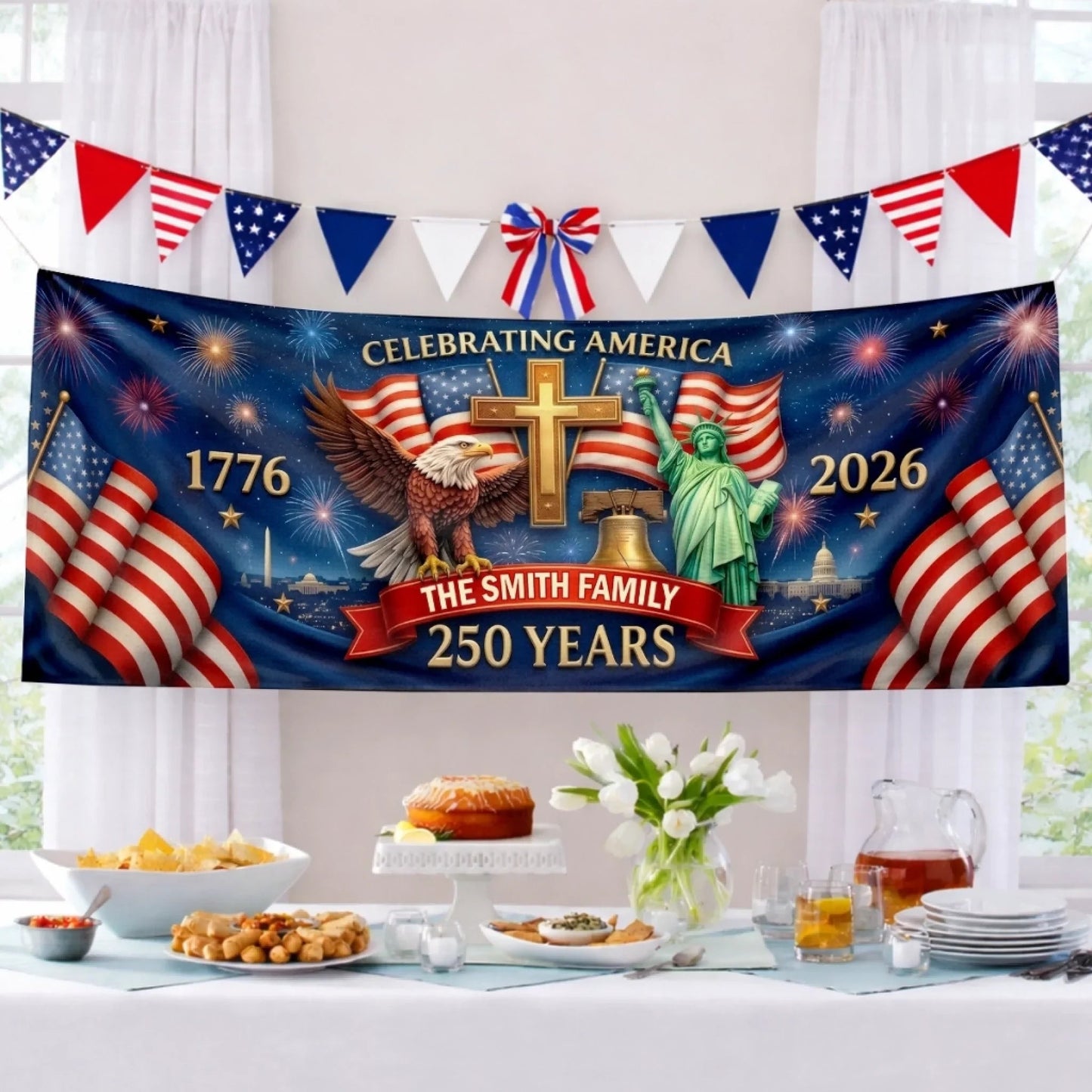 Custom Outdoor Banner – Personalized America 250th Anniversary  Proud Hearts Shine Bright