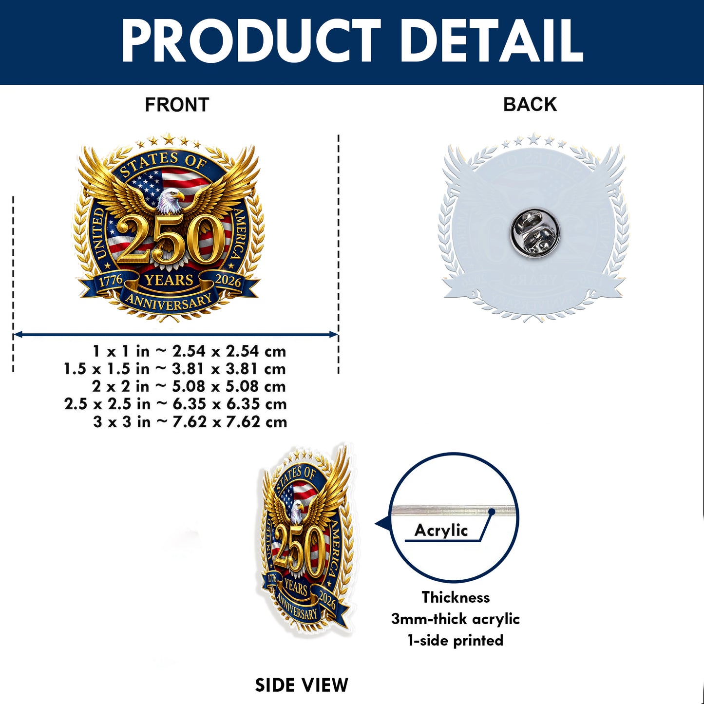 United States 250 Years Gold Eagle Acrylic Pin – Premium Anniversary Lapel Accessory for Jackets, Hats & Bags