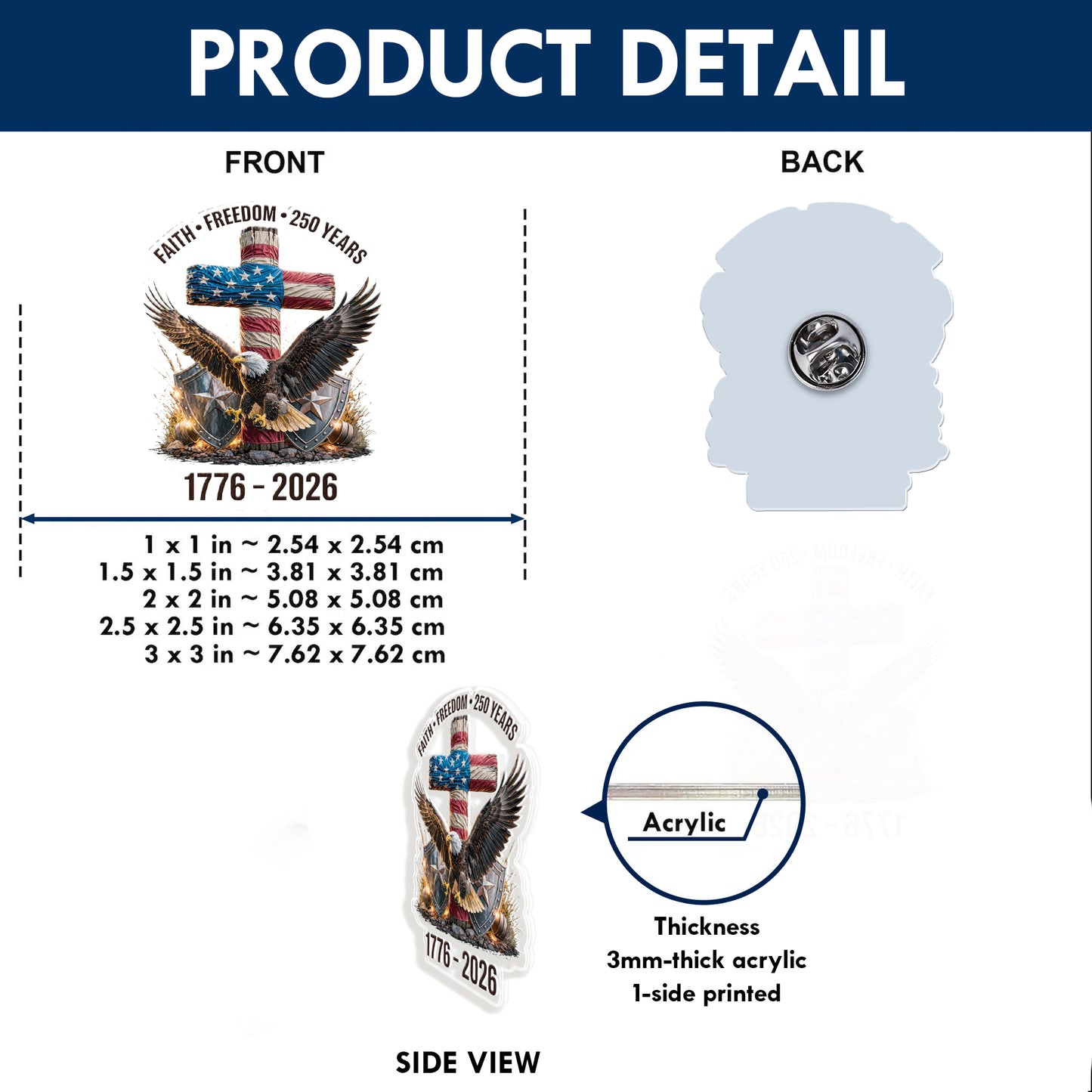 Patriotic Jet Flag 250 Years Acrylic Pin – Dynamic USA Freedom Lapel Accessory for Jackets, Hats & Bags