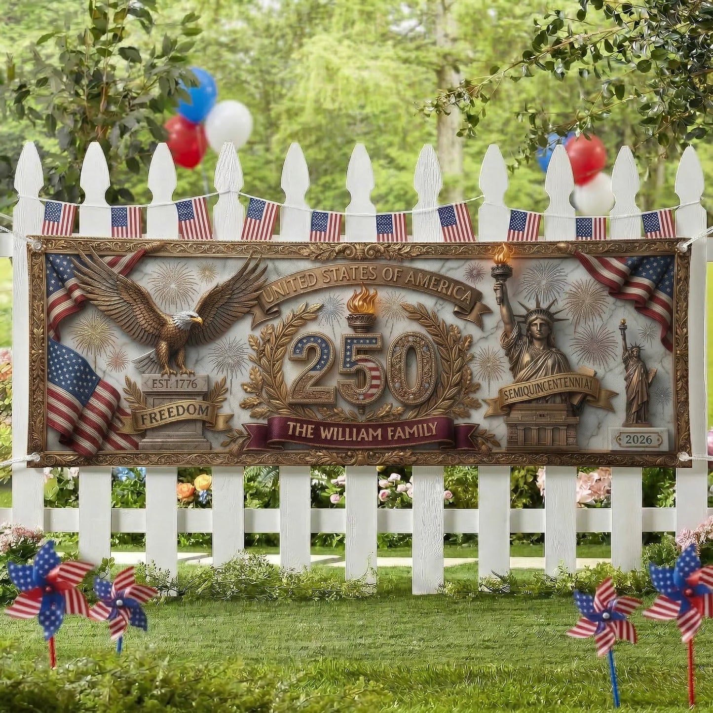 Personalized Banner - USA Semiquincentennial Decor Faux Pattern