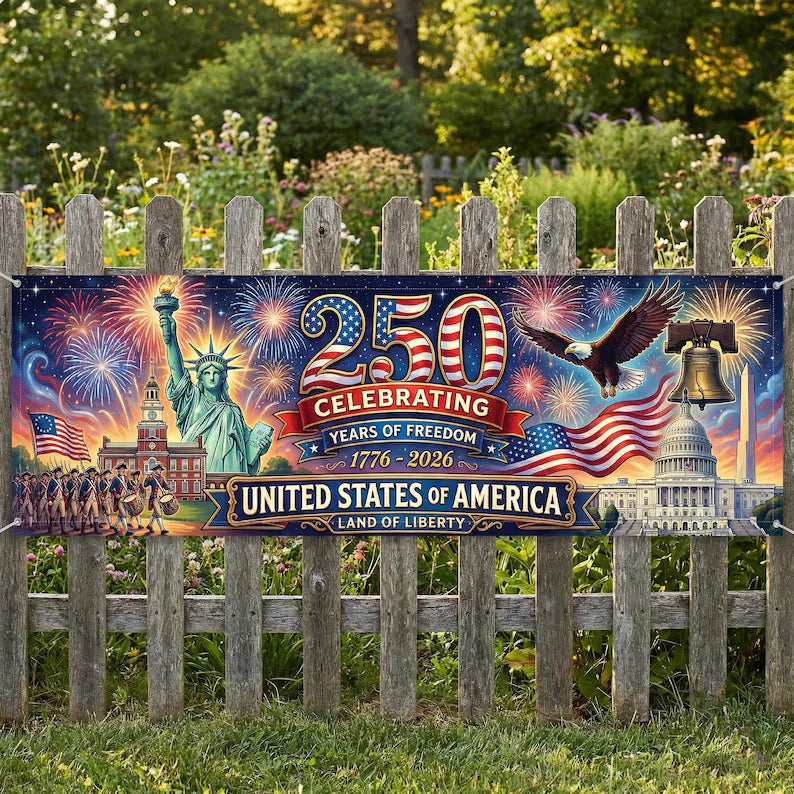 USA 250th Anniversary Banner: Semiquincentennial 1776-2026 Outdoor Fence Decor