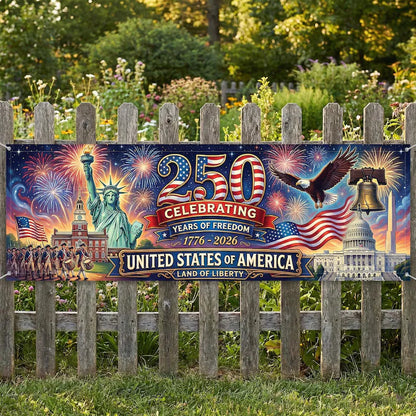 USA 250th Anniversary Banner: Semiquincentennial 1776-2026 Outdoor Fence Decor