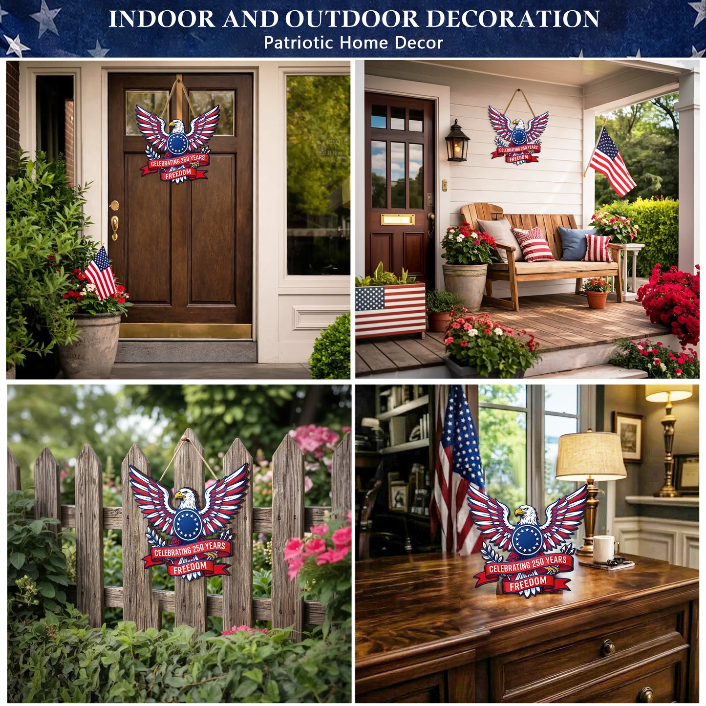 Celebrating 250 Years Freedom Wooden Sign: Patriotic Eagle Shaped Door Hanger