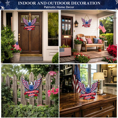 Celebrating 250 Years Freedom Wooden Sign: Patriotic Eagle Shaped Door Hanger