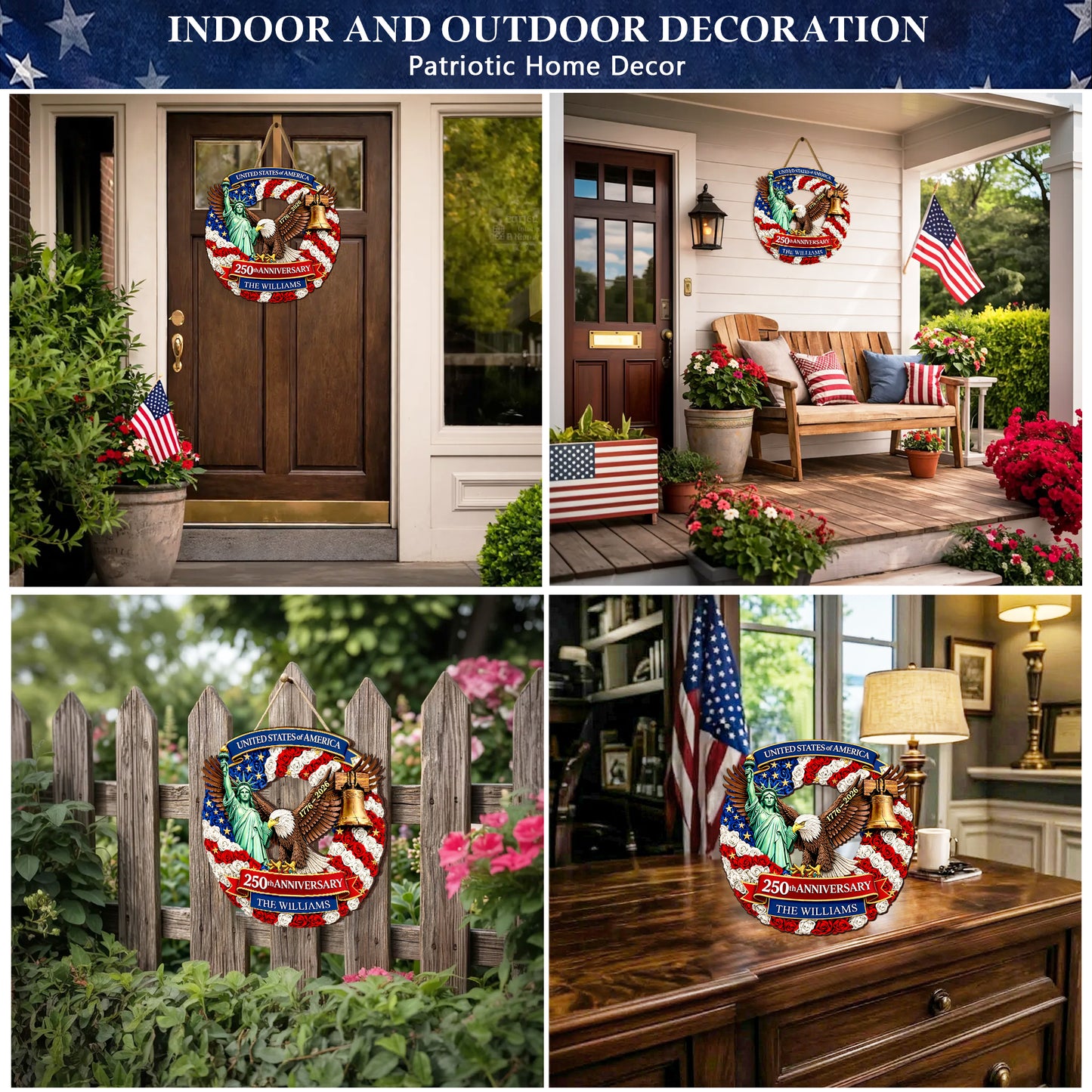 Personalized Freedom & Liberty - 250th Anniversary Floral Wreath Wood Sign