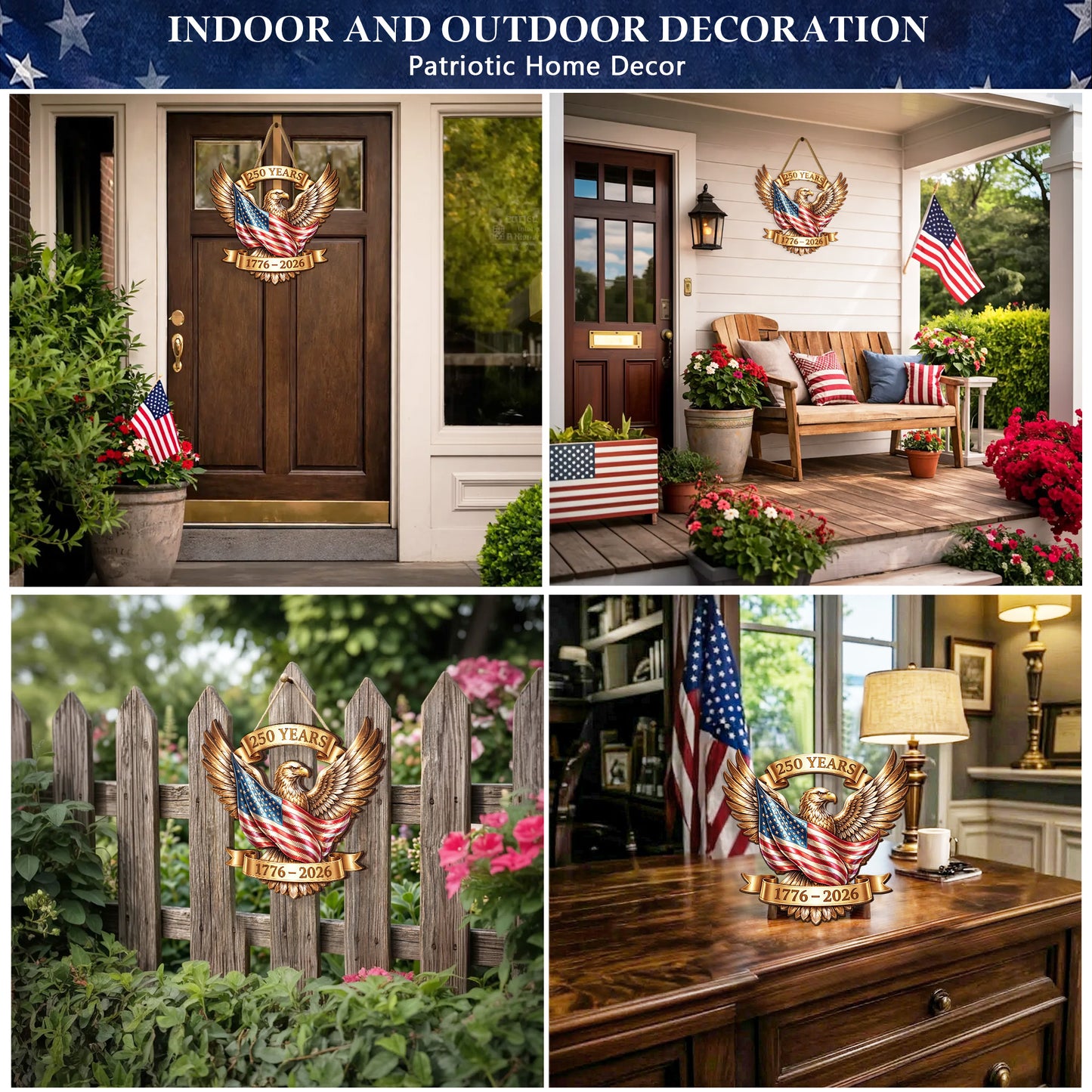Rustic Wooden USA 250th Sign: Patriotic Eagle Wall Decor 1776-2026, Semiquincentennial Door Hanger