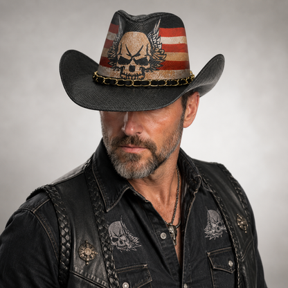 Patriotic Skull Cowboy Fedora Hat, USA Western Biker