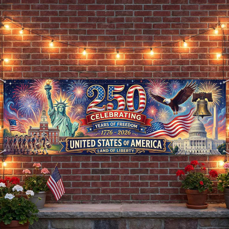 USA 250th Anniversary Banner: Semiquincentennial 1776-2026 Outdoor Fence Decor