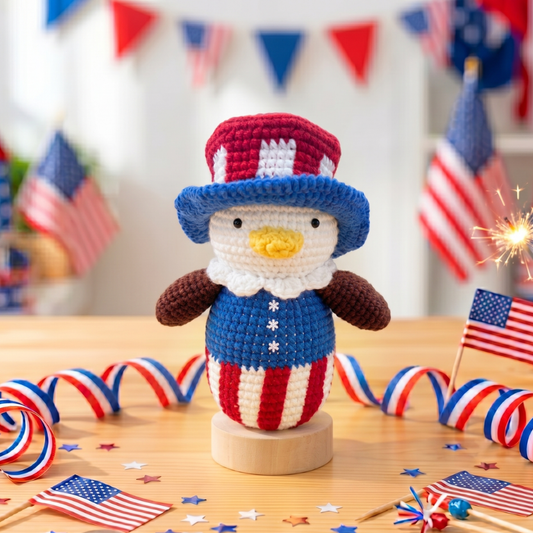 Handmade USA 250th Anniversary Crochet Eagle Doll with Wooden Base – Patriotic Desk Decor, Car Decor & Gift