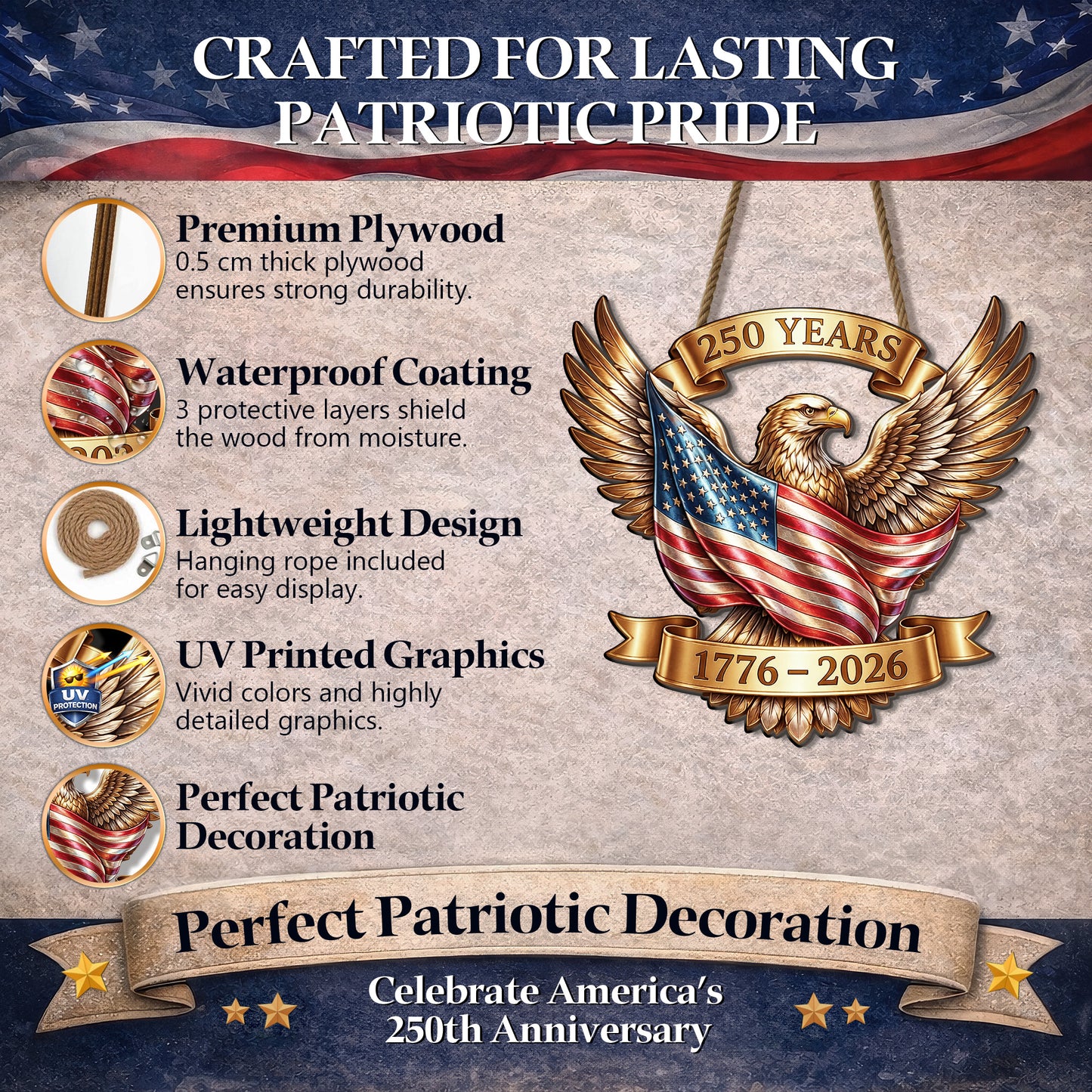 Rustic Wooden USA 250th Sign: Patriotic Eagle Wall Decor 1776-2026, Semiquincentennial Door Hanger