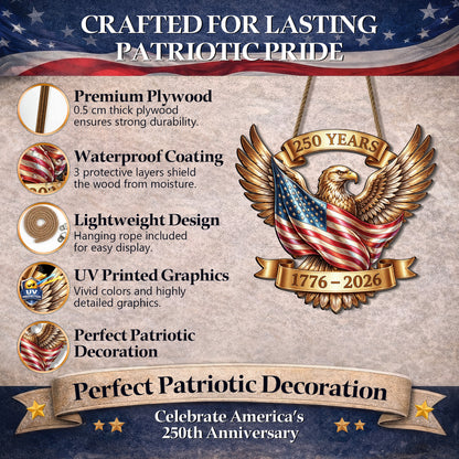 Rustic Wooden USA 250th Sign: Patriotic Eagle Wall Decor 1776-2026, Semiquincentennial Door Hanger