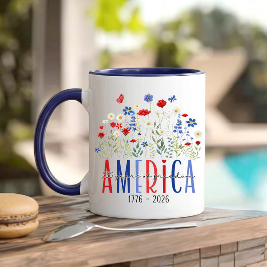 America 250 Years Floral Freedom Mug – Patriotic Wildflower Design (1776–2026)