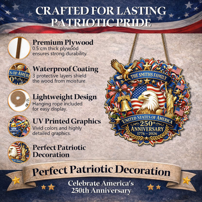 Personalized Wooden Door Sign: United States 250th Anniversary Patriotic Eagle Statue of Liberty Decor