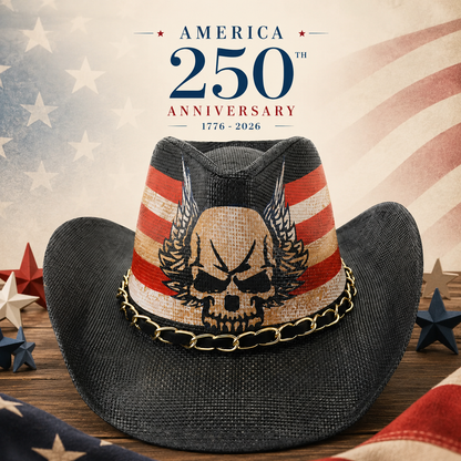 Patriotic Skull Cowboy Fedora Hat, USA Western Biker