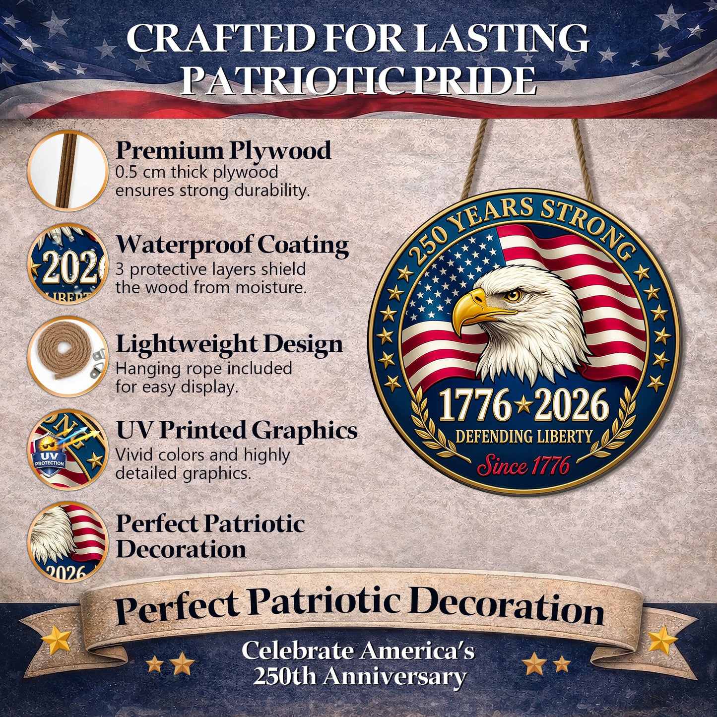 USA 250th Anniversary Wooden Sign: Patriotic Eagle Door Hanger, 1776-2026 Decor