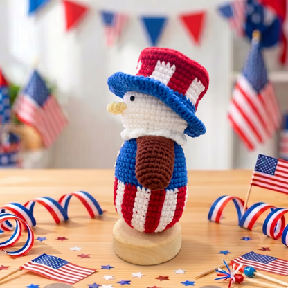 Handmade USA 250th Anniversary Crochet Eagle Doll with Wooden Base – Patriotic Desk Decor, Car Decor & Gift