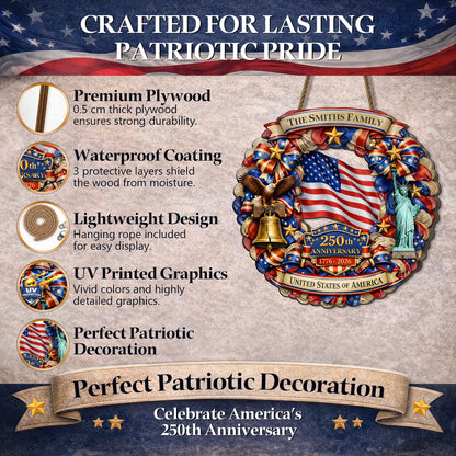 Personalized Patriotic 250th Anniversary - Stars and Stripes Wreath" Wood Sign