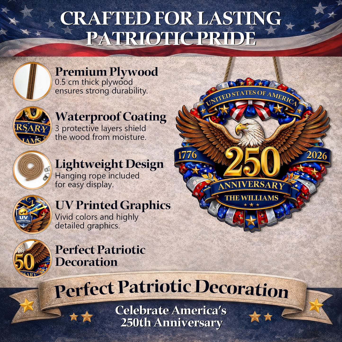 Personalized 250th Anniversary of America - Eagle & Stars Wreath Wood Sign