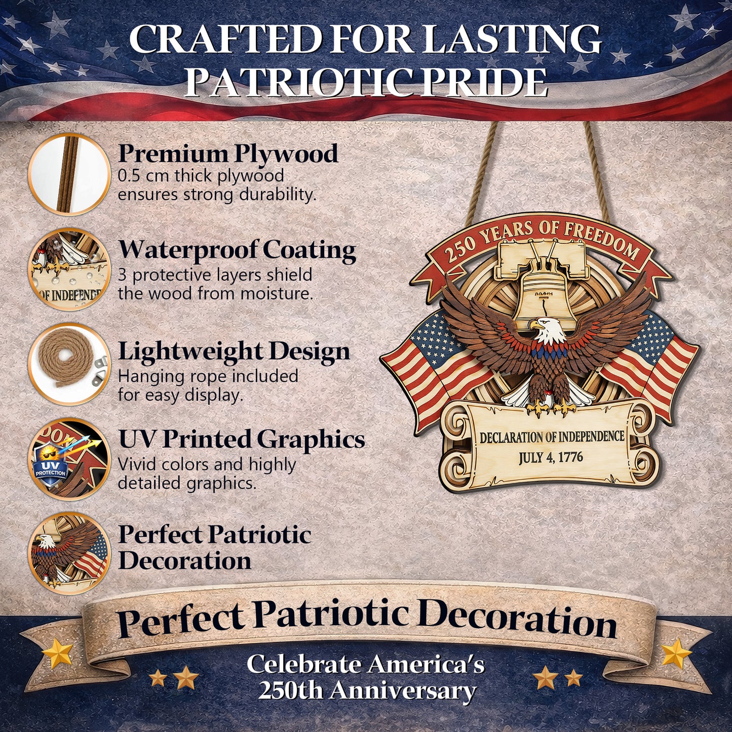 Celebrating 250 Years - Independence and Patriotism Wreat Wood Sign