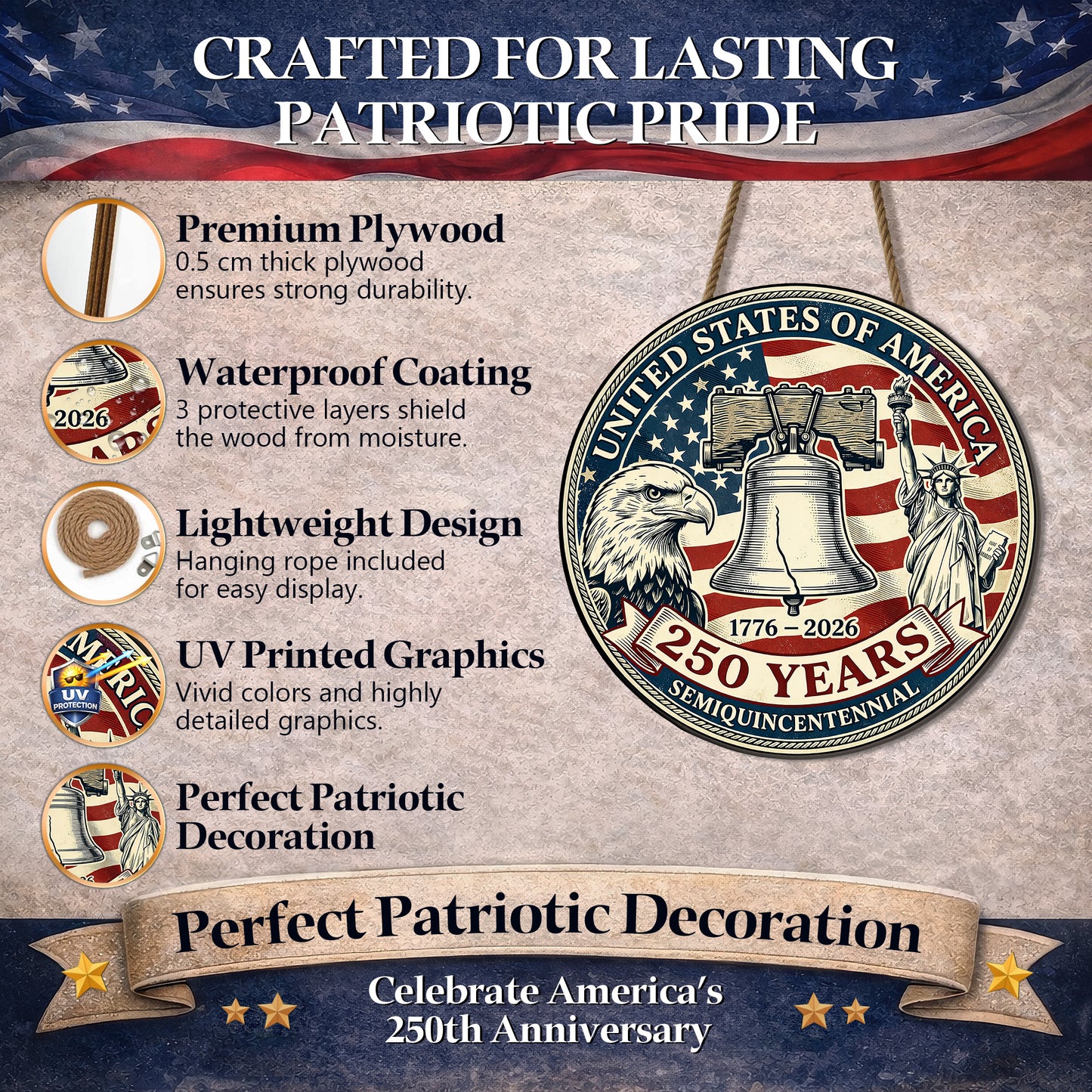 USA 250 Years Semiquincentennial Vintage Wall Sign (1776–2026)