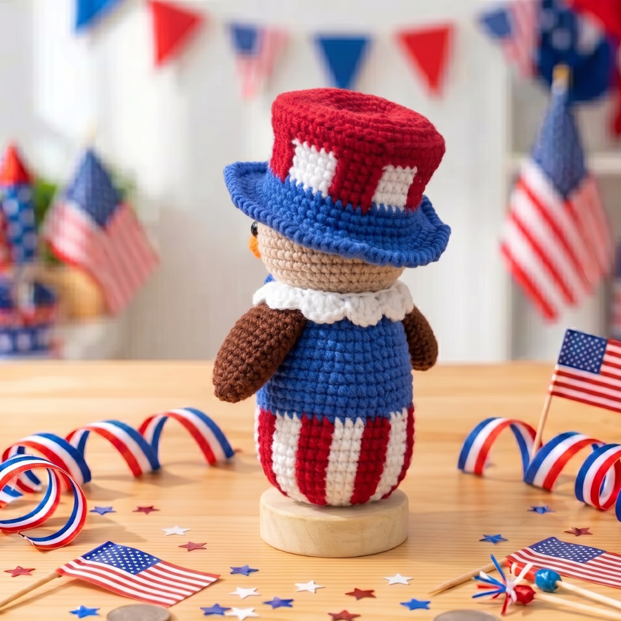 Handmade USA 250th Anniversary Crochet Eagle Doll with Wooden Base – Patriotic Desk Decor, Car Decor & Gift