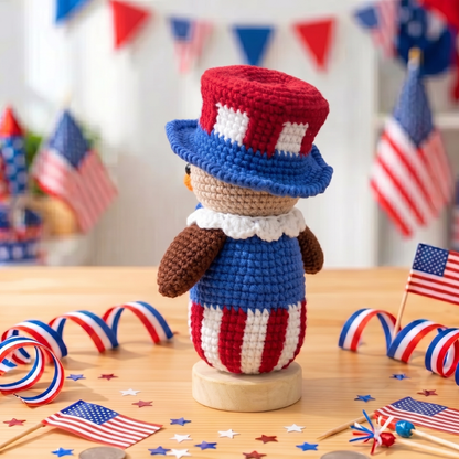 Handmade USA 250th Anniversary Crochet Eagle Doll with Wooden Base – Patriotic Desk Decor, Car Decor & Gift