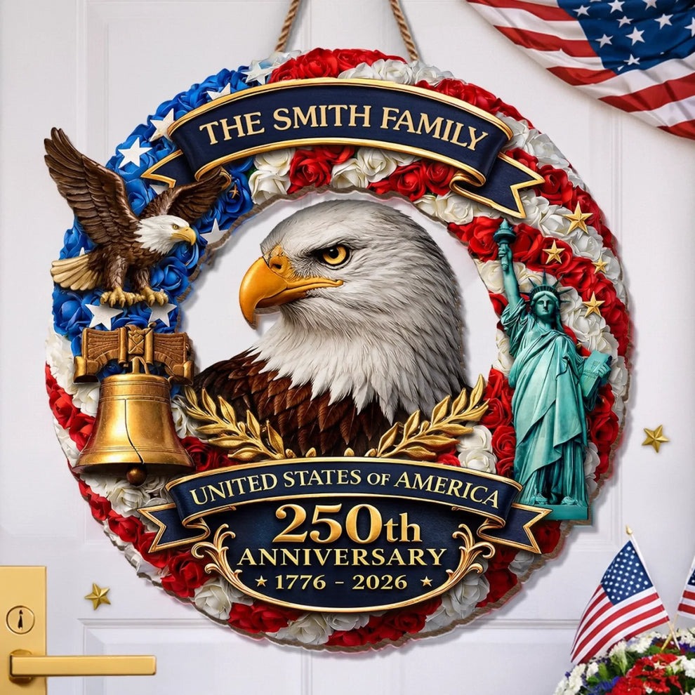 Personalized USA 250th Anniversary Eagle Wreath Door Hanger (1776–2026)
