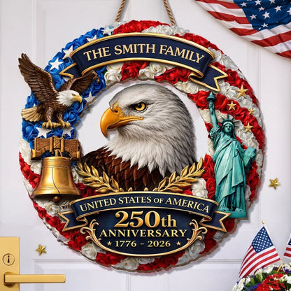 Personalized USA 250th Anniversary Eagle Wreath Door Hanger (1776–2026)